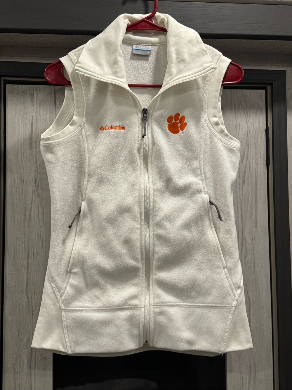 Columbia White Fleece Vest with Clemson Paw Logo